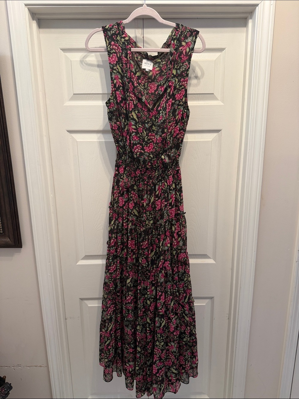 Misa Los Angeles Black Maxi Dress with Pink Floral Print